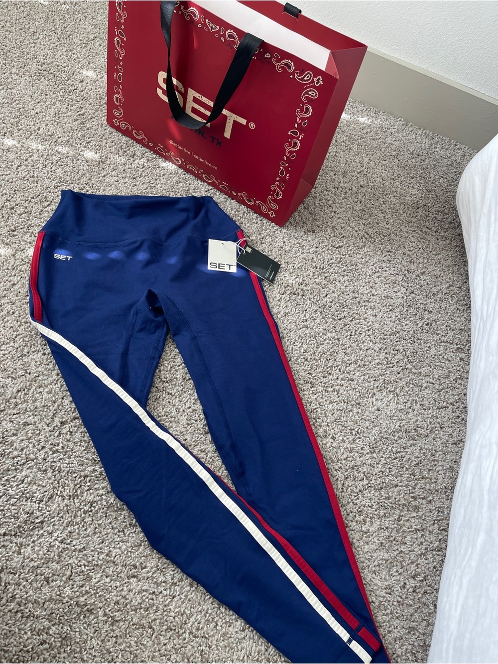 SET Active Navy Leggings with Red & White Side Stripes